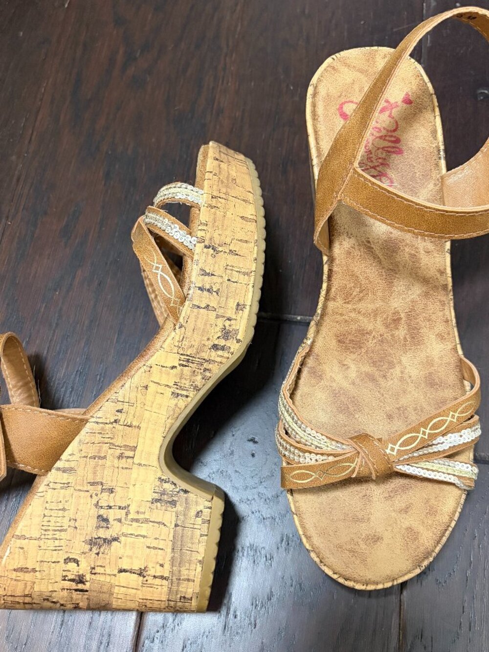 Jellypop Tan Sequin Wedge Sandals Memory Foam Chunky Block Heels Women Size 8.5